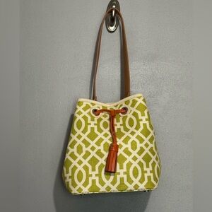Spartina 449 Heyward Milly Drawstring Bucket Bag Linen W/Leather Details EUC